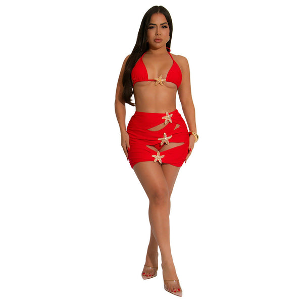 Beach Vacation Style Swimsuit Bikini Three Piece Set For Women With Belted Skirt Swimwear