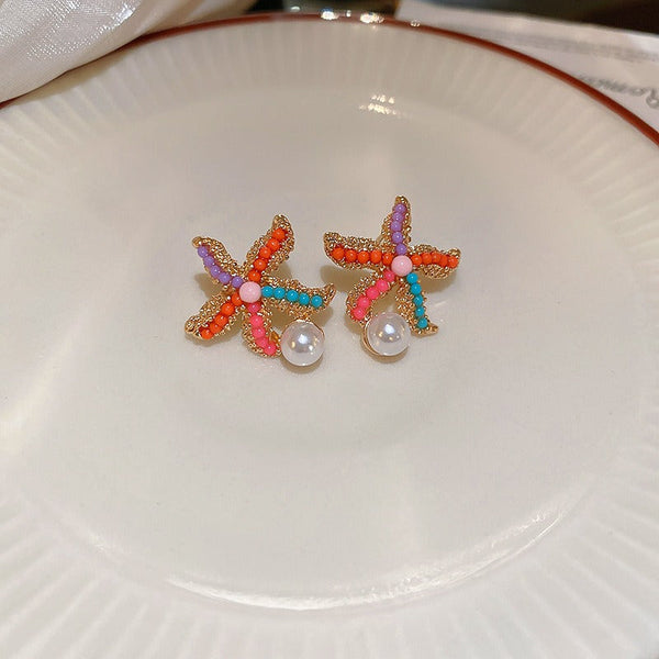 Veile Studios Cute Colourful Starfish Pearl Simple For Casual And Formal Use Earrings