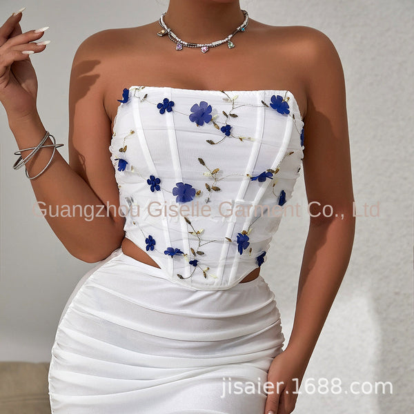 Floral Embroidery Bone Mesh Short Outerwear Tube Top Tops