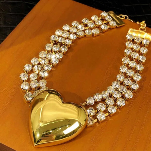 Veile Studios Fashionable Multi Layer Heart Crystal Inlaid Necklace Luxury Choker Jewelry Necklaces & Pendants