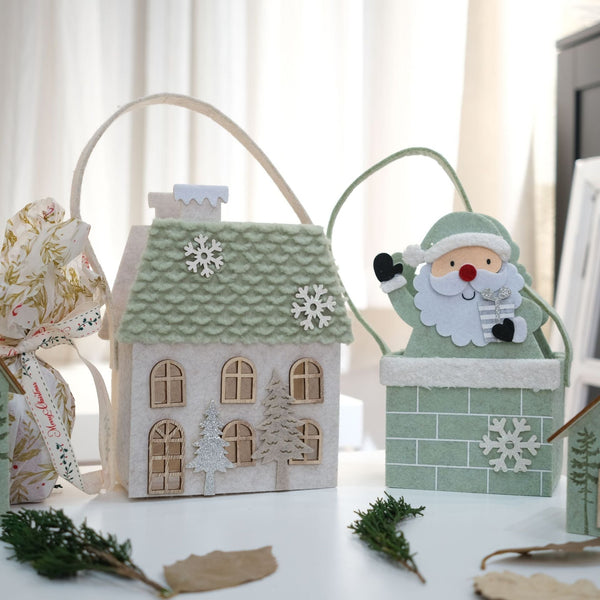 Christmas Jade Green Santa Snow House Felt Mini Apple Handbag Gift Bags