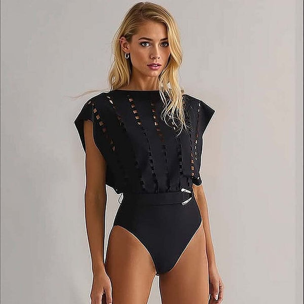 V Neck Hollow  One Piece Swimsuit Women's Set Swimwear
