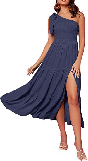 One Shoulder Pleated Layered Hem Split Womens Summer Unique Design Dresses