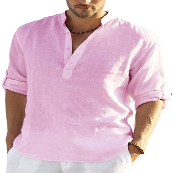Men's Casual Cotton Linen Solid Color Long Sleeve Shirt Loose Stand Collar Casual Shirts