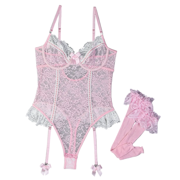 Cute Lace Trim Elastic Fitted Jumpsuit Women's  Strap Inner Wear Tights Jumpsuits Rompers & Playsuits