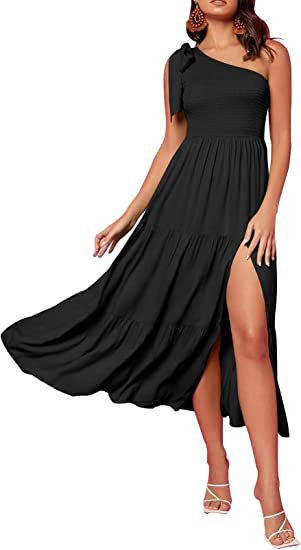 One Shoulder Pleated Layered Hem Split Womens Summer Unique Design Dresses