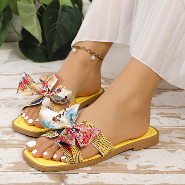 Ribbon Bow Sandals Square Toe Low Heel Casual Beach Shoes For Women Flats