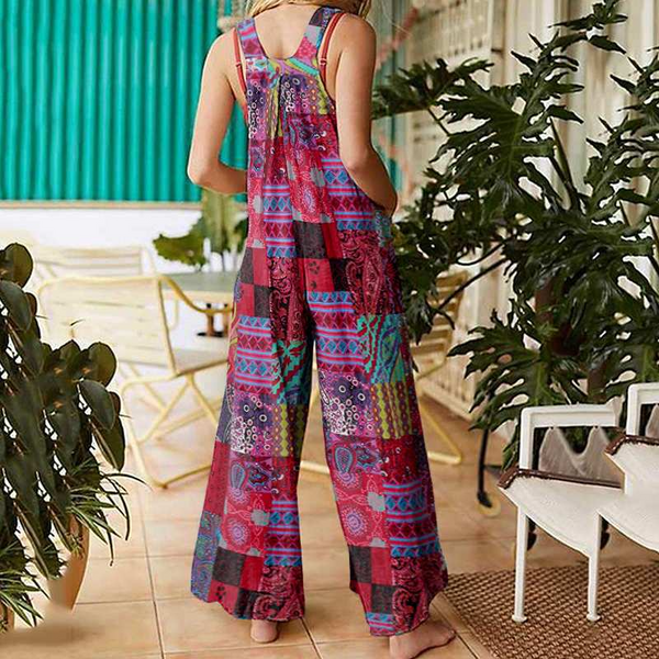 New Women's Ethnic Style Suspender Button Printing Jumpsuit
