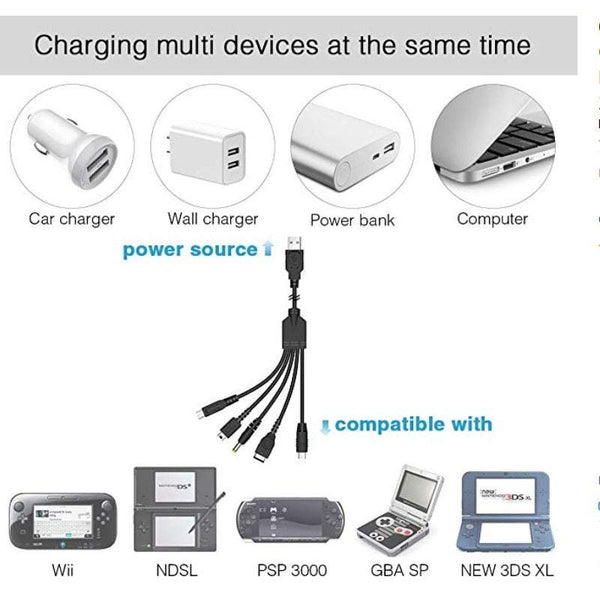 Gaming Consoles 1.2M Charging Cable 5 In Usb Charger Multi Function Game Cord Compatible For Nintendo Nds Lite / Wii New 3Ds Xl Ll 2Ds Gba Sp Psp Cabl