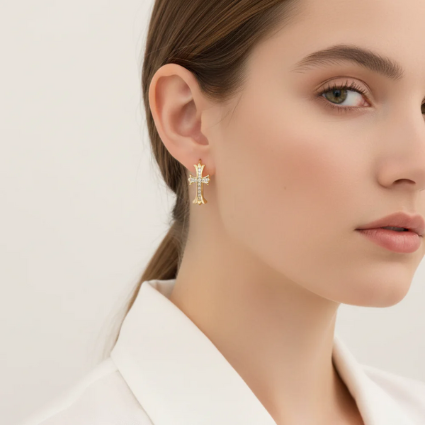1 Pair Gold Sparkling Iced Out Rhinestone Cross Hoop Punk Elegance Buckle For Women Earrings
