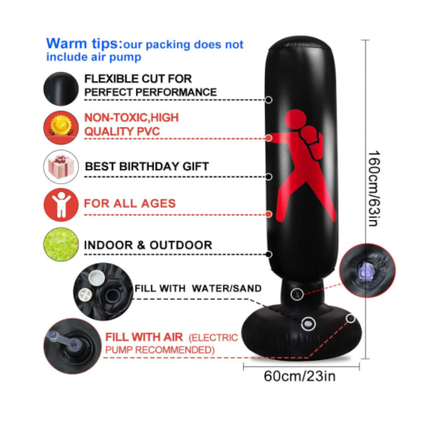 1.6M Black Inflatable Standing Boxing Bag Water Base Stress Punching Home Gym Punching Bags