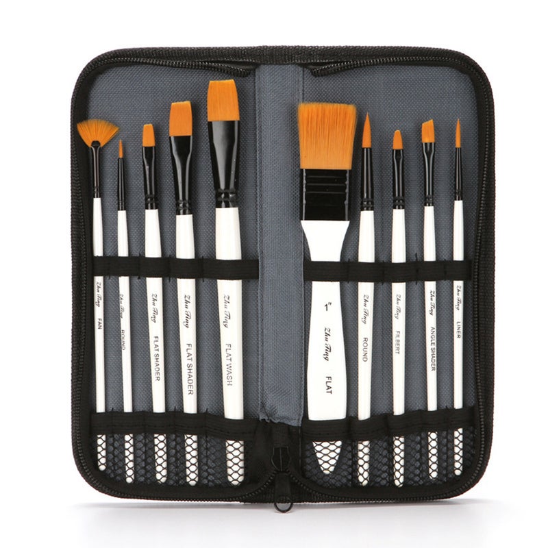10Pcs/Set Nylon Hair Painting Brush With Canvas Bag And Brushes Art Supplies Artists Brushes