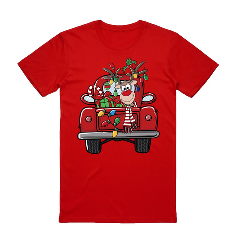 100% Cotton Christmas T-Shirt Adult Unisex Tee Tops Funny Santa Party Custume, Car With Reindeer (Red),