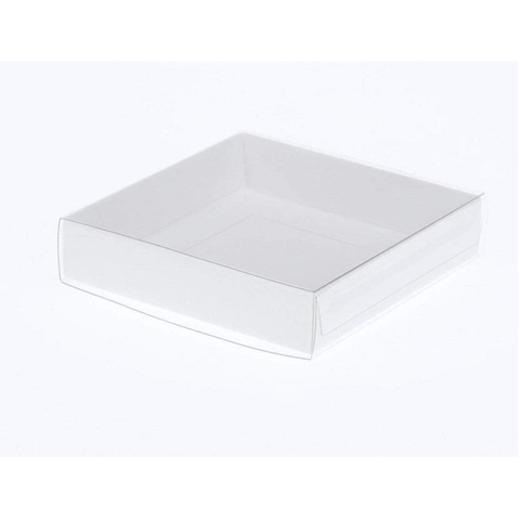 100 Pack Of 10Cm Square Invitation Coaster Favor Function Product Presentation Cookie Biscuit Patisserie Gift Box - 4Cm Deep White Card With Clear Slide On Pvc Lid
