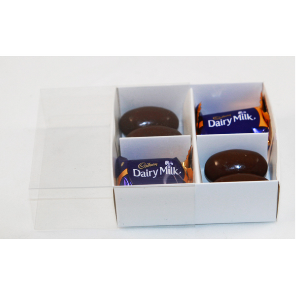 My Decorations 100 Pack Of White Card Chocolate Sweet Soap Product Reatail Gift Box 4 Bay Compartments Clear Slide On Lid 8X8x3cm Gift Boxes