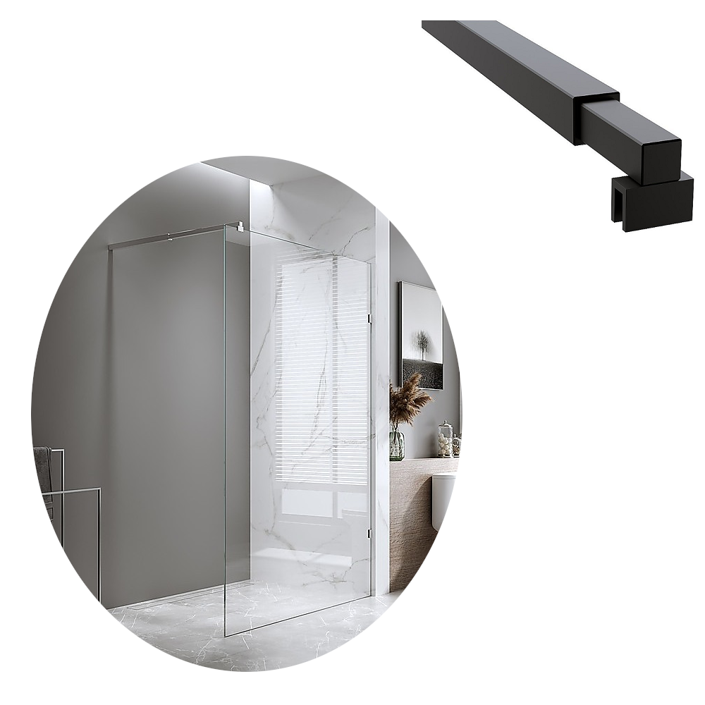 Della Francesca 100X210cm Single Shower Glass Screen With Black Brackets & Square Pole Shower Enclosures
