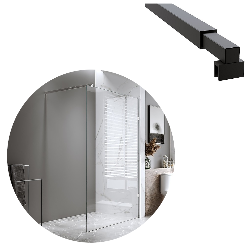 Della Francesca 100X210cm Single Shower Glass Screen With Black U Brackets & Square Pole Shower Enclosures