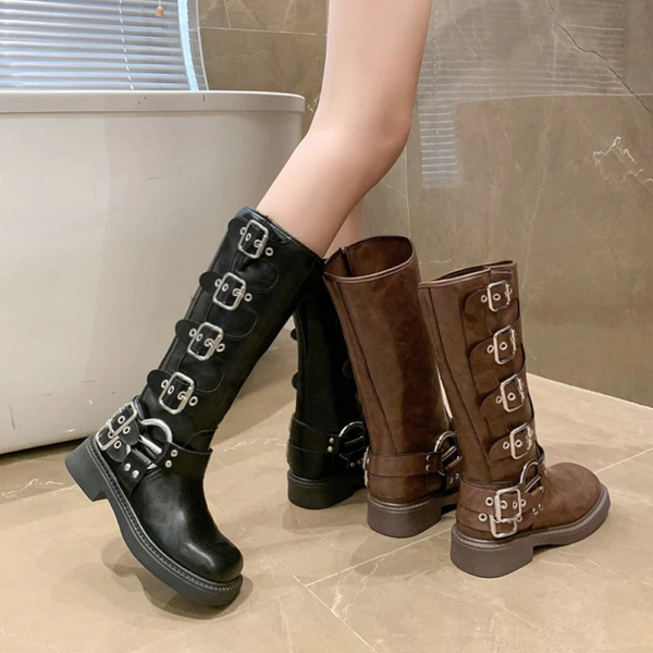 Woman Knee High Platform Elegant Low Heel Trend Punk Gothic New Rock Leather Fashion Women's Shoes Motorcycle Footwear Boots