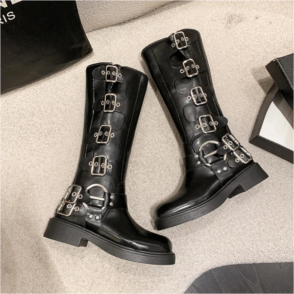 Woman Knee High Platform Elegant Low Heel Trend Punk Gothic New Rock Leather Fashion Women's Shoes Motorcycle Footwear Boots