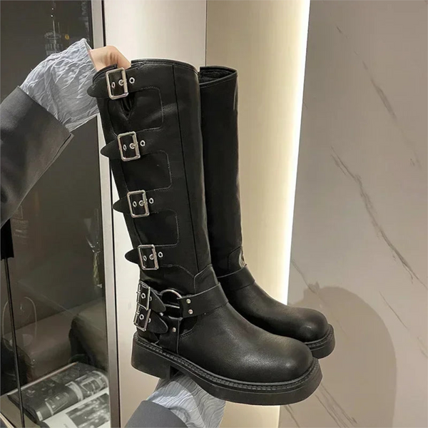 Woman Knee High Platform Elegant Low Heel Trend Punk Gothic New Rock Leather Fashion Women's Shoes Motorcycle Footwear Boots