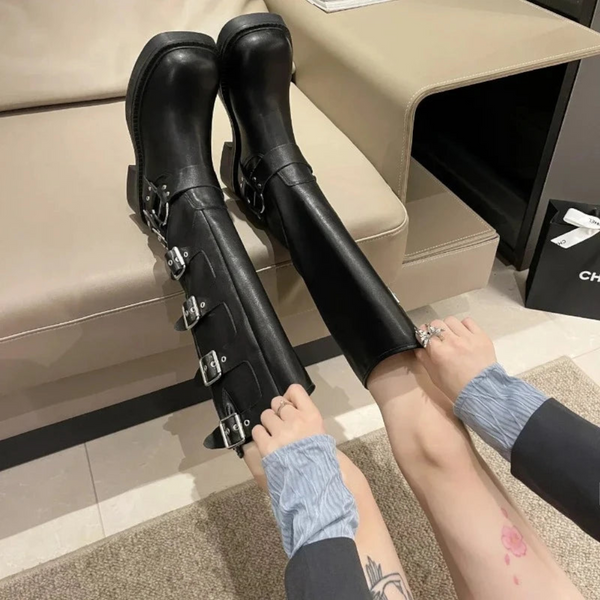 Woman Knee High Platform Elegant Low Heel Trend Punk Gothic New Rock Leather Fashion Women's Shoes Motorcycle Footwear Boots