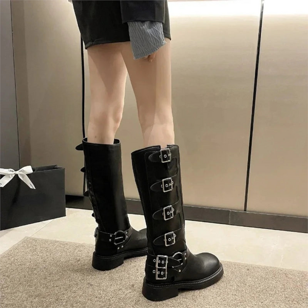 Woman Knee High Platform Elegant Low Heel Trend Punk Gothic New Rock Leather Fashion Women's Shoes Motorcycle Footwear Boots
