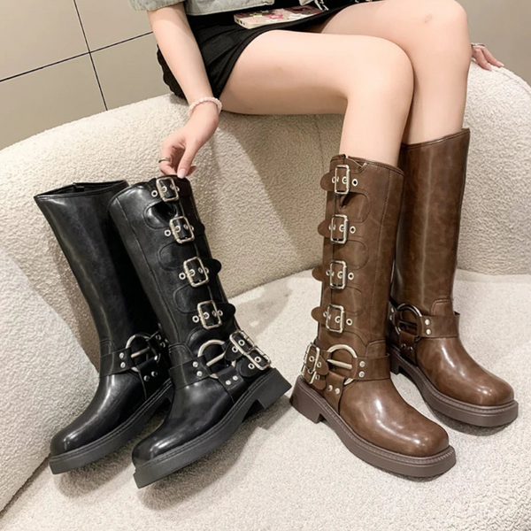 Woman Knee High Platform Elegant Low Heel Trend Punk Gothic New Rock Leather Fashion Women's Shoes Motorcycle Footwear Boots
