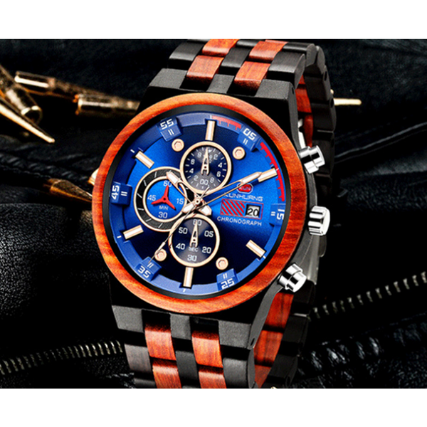 Veile Studios Decorative Wrist Watch Fashion Luminous Sports Multifunctional Quartz Wood Band Suitable For Men 2 Watches