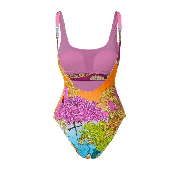 Cartoon Print Contrasting One Piece Swimsuit Set For Women Swimwear