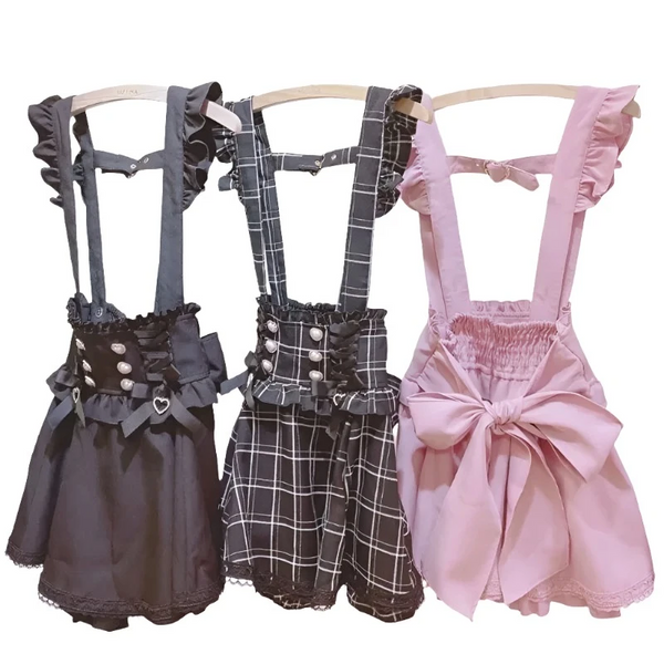 Japanese Gothic Lolita Ribbon Bow Diamond Pearl Buckle Removable Short Suspender Skirt Girls Sweet Cute Lace A Line Mini Skirts