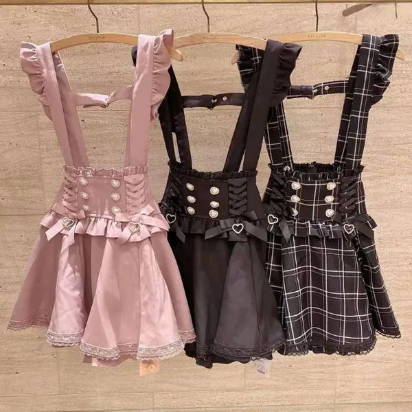 Japanese Gothic Lolita Ribbon Bow Diamond Pearl Buckle Removable Short Suspender Skirt Girls Sweet Cute Lace A Line Mini Skirts