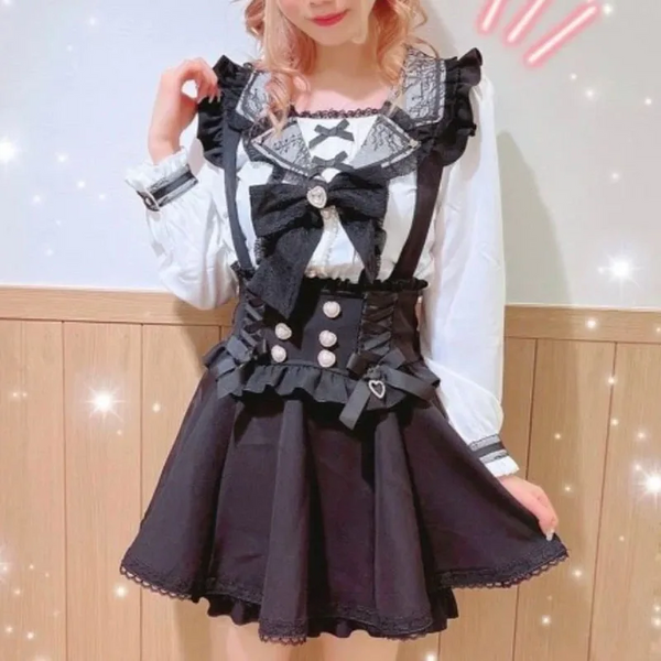 Japanese Gothic Lolita Ribbon Bow Diamond Pearl Buckle Removable Short Suspender Skirt Girls Sweet Cute Lace A Line Mini Skirts