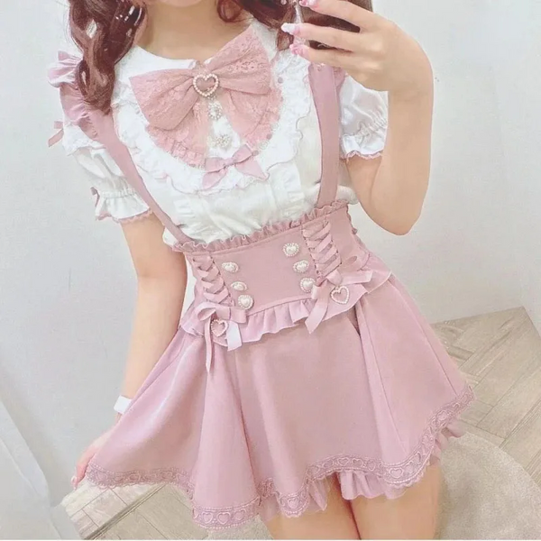 Japanese Gothic Lolita Ribbon Bow Diamond Pearl Buckle Removable Short Suspender Skirt Girls Sweet Cute Lace A Line Mini Skirts