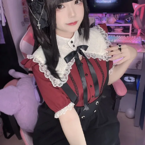 Japanese Gothic Lolita Ribbon Bow Diamond Pearl Buckle Removable Short Suspender Skirt Girls Sweet Cute Lace A Line Mini Skirts