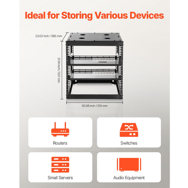 10U Open Frame Network Rack 585 Mm Depth Wall Mounted Or Floor Standing Server Heavy Duty 4 Post With Vented Shelves & Mounting Hardware Holds All You