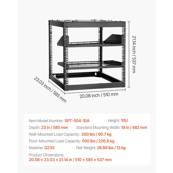 10U Open Frame Network Rack 585 Mm Depth Wall Mounted Or Floor Standing Server Heavy Duty 4 Post With Vented Shelves & Mounting Hardware Holds All You