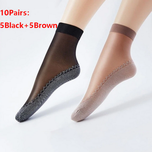 10 Pairs Silk Cotton Sock Bottom Non Slip Sole Stockings Breathable Transparent
