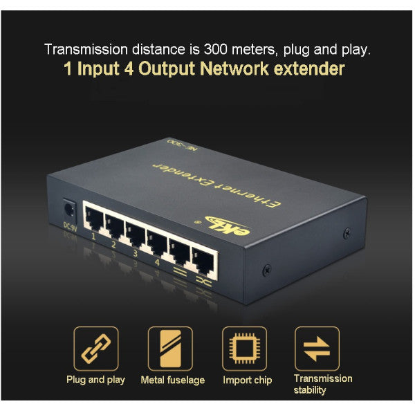 10M Full Duplex 4 Ports Rj45 Ethernet Extender 300M Input Output Signal Amplifier