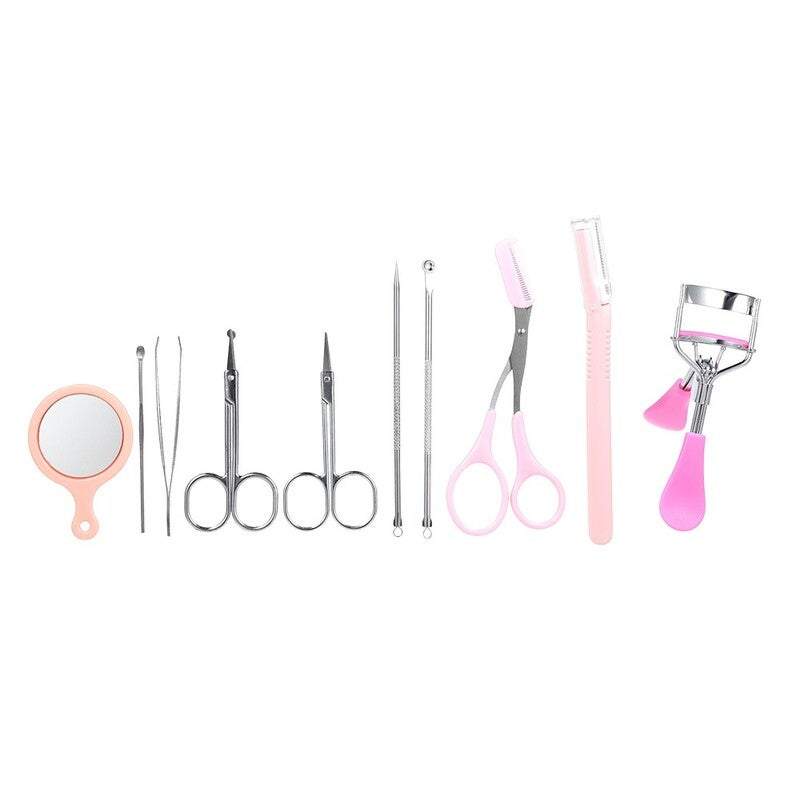 Eye Care 10Pcs Eyebrow Tools Kit Tweezers Razor Curler Mirror Earpick Acne Pin Eyebrow Liner & Definition
