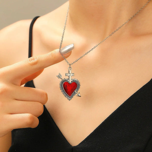 New Heart And Sword Necklace Punk Vintage Red Crystal Couple Necklaces For Women Men Boyfriend Girlfriend Gifts Necklaces & Pendants