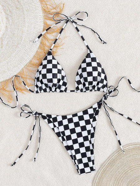 Lace Up Multi Color Checkered Split Swimsuit Women's Bikini Swimwear