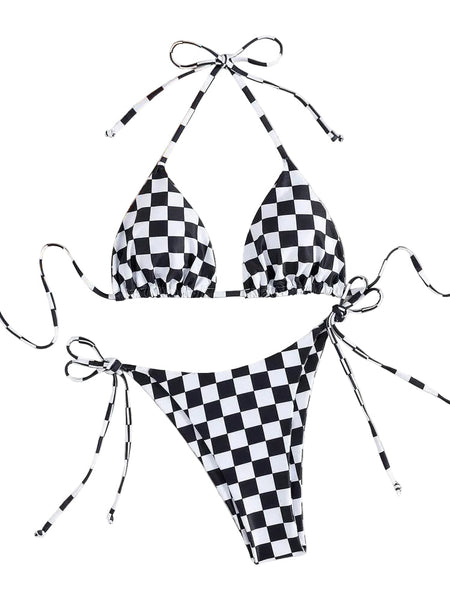 Lace Up Multi Color Checkered Split Swimsuit Women's Bikini Swimwear