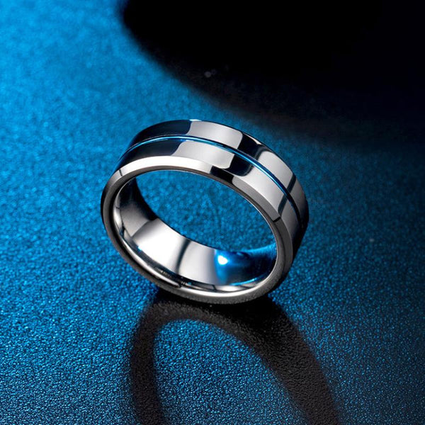 Veile Studios Blue Tungsten Gold Simple Mens Ring With Ribbon Wear Resistant Design Rings