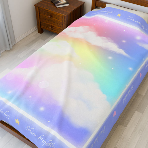 Pastel Clouds Affirmation Blanket Rainbow Velveteen Plush Throw Inspirational Encouragement Cozy Gift Blankets