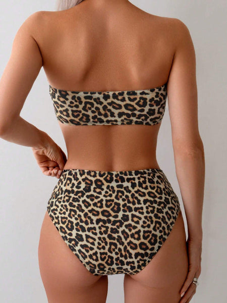 Women's Tube Top Bikini Leopard Print  Swimsuit Swimwear