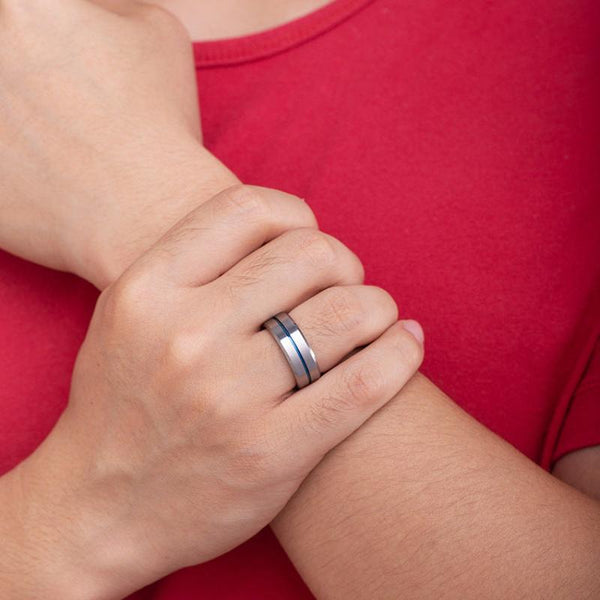 Veile Studios Blue Tungsten Gold Simple Mens Ring With Ribbon Wear Resistant Design Rings