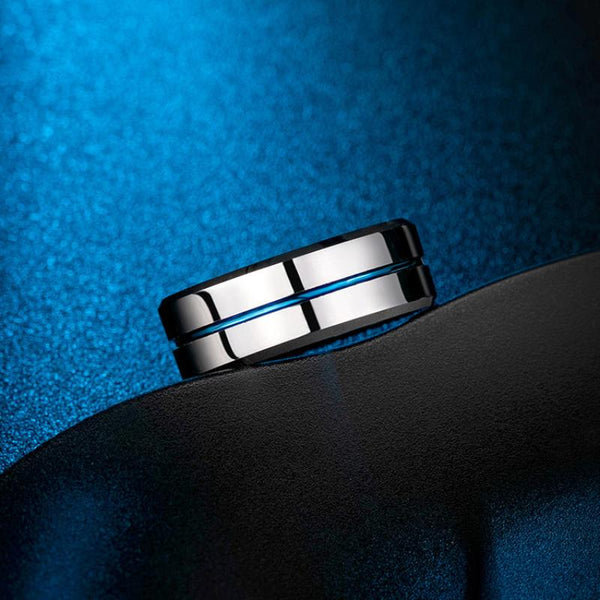 Veile Studios Blue Tungsten Gold Simple Mens Ring With Ribbon Wear Resistant Design Rings