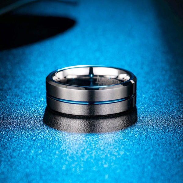 Veile Studios Blue Tungsten Gold Simple Mens Ring With Ribbon Wear Resistant Design Rings