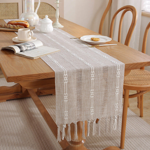 Hand Woven Cotton Linen Table Runner With Tassels Farmhouse Aesthetic Decor Table Cloths