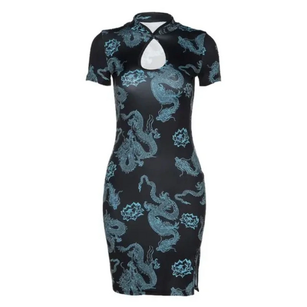 Short Sleeve Dragon Print Cheongsam Retro Forking Vintage Chinese Dress Hollowing Out Slim Women's Clothing Party Dresses